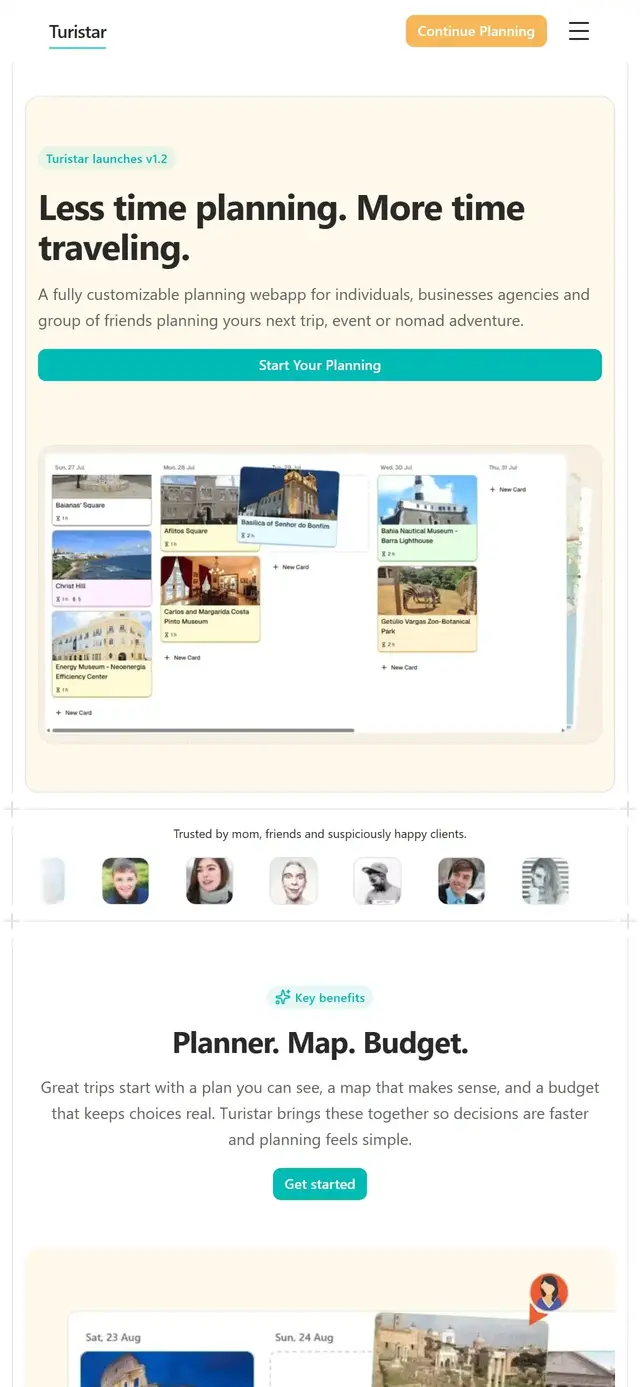 A mobile screenshot of the travel planning website homepage showcasing the hero, concise copy, and stacked calls-to-action optimized for small screens.