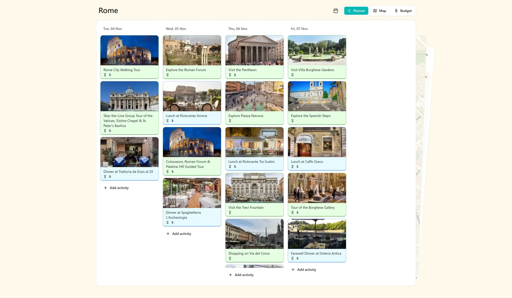 A screenshot of a travel planning web application home showing an itinerary overview with upcoming trip cards, a map preview, and quick actions to add days, activities, and notes.